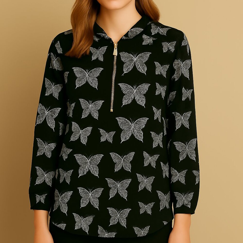Nextmia Chiffon Butterfly Embroidered black/wht Lined flowy Whimsy blouse Size14